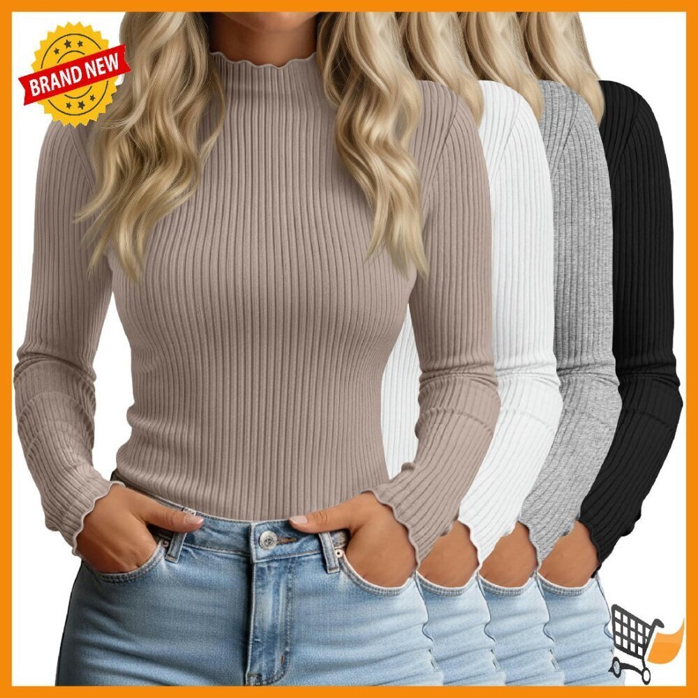 4 Pack Women's Mock Turtleneck Tops Cotton Long Sleeve Ribbed Slim Fit